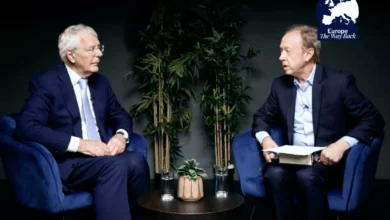 Sir John Major speaking at a talk with Geordie Greig for a newspaper campaign
