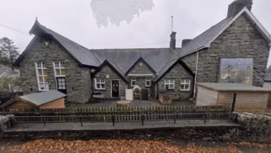 Exterior of a single-storey school building in a North Wales village