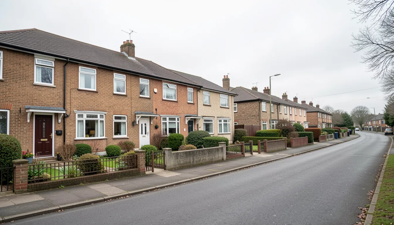 A row of British council houses, brick semi-detached homes with front gardens on a quiet street