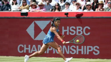 Queen’s Club grass court during the women’s singles final with a player serving.