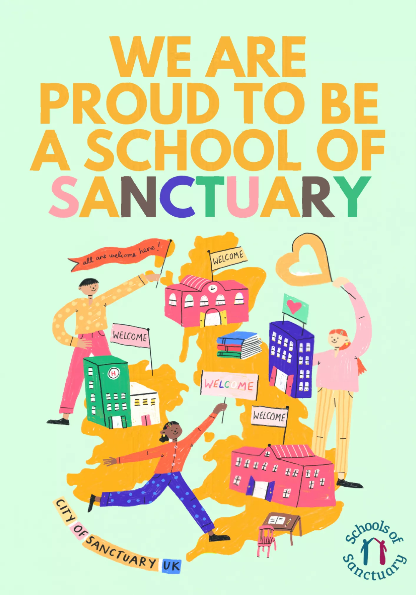 Exterior of a UK school building with a Schools of Sanctuary award sign outside.
