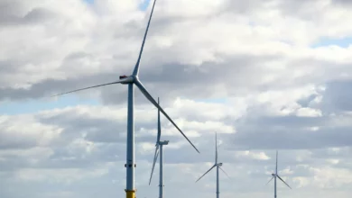 Offshore wind turbines rising from the seabed near the UK coastline