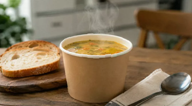 Close-up of a traffic light food label showing red for salt on a soup pot