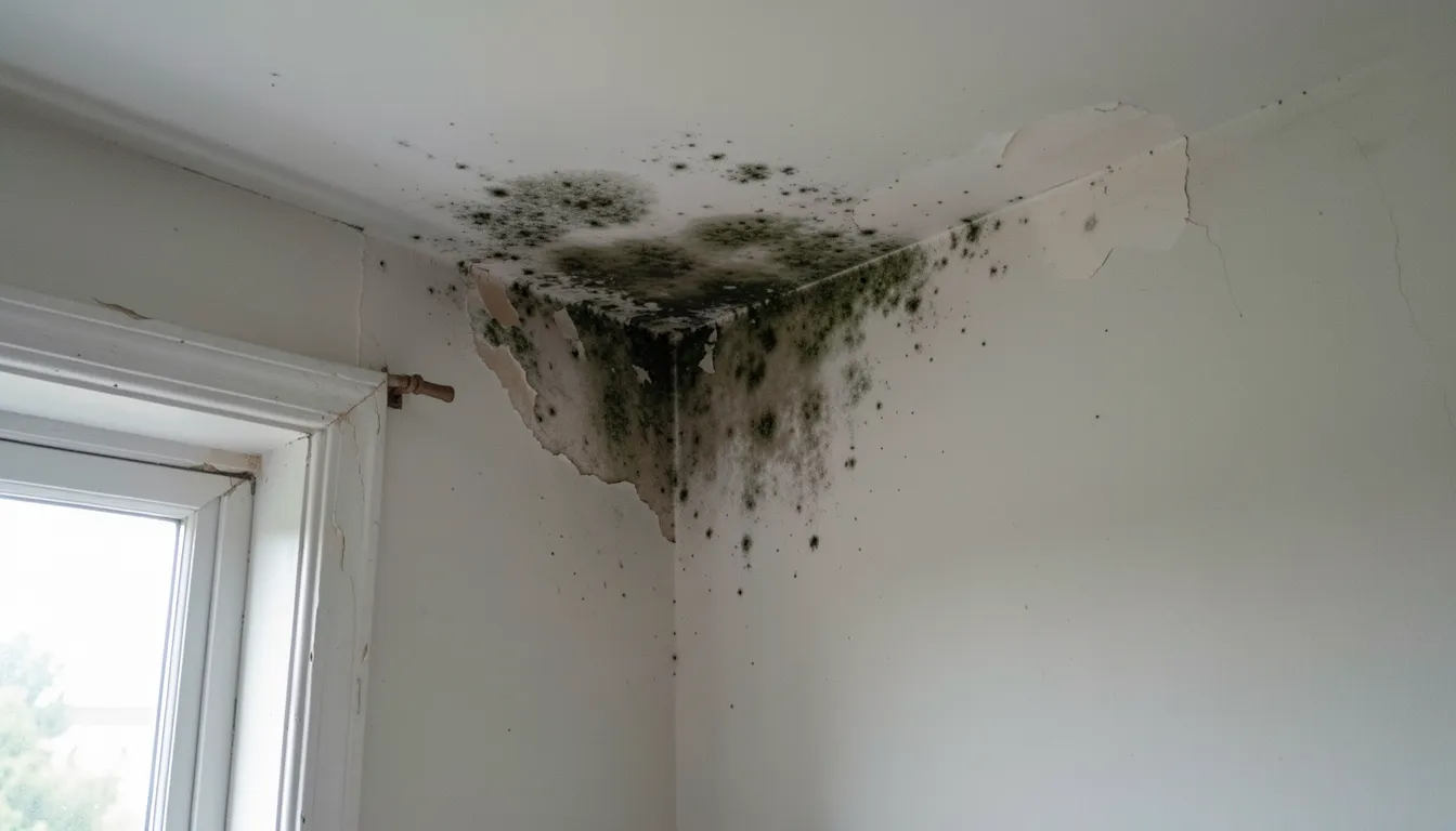 Damp and mould in the upper corner of a rented room near the ceiling with peeling paint