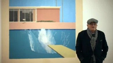 Swimming pool painting with a pink modernist building and white splash