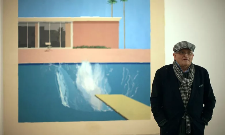Swimming pool painting with a pink modernist building and white splash