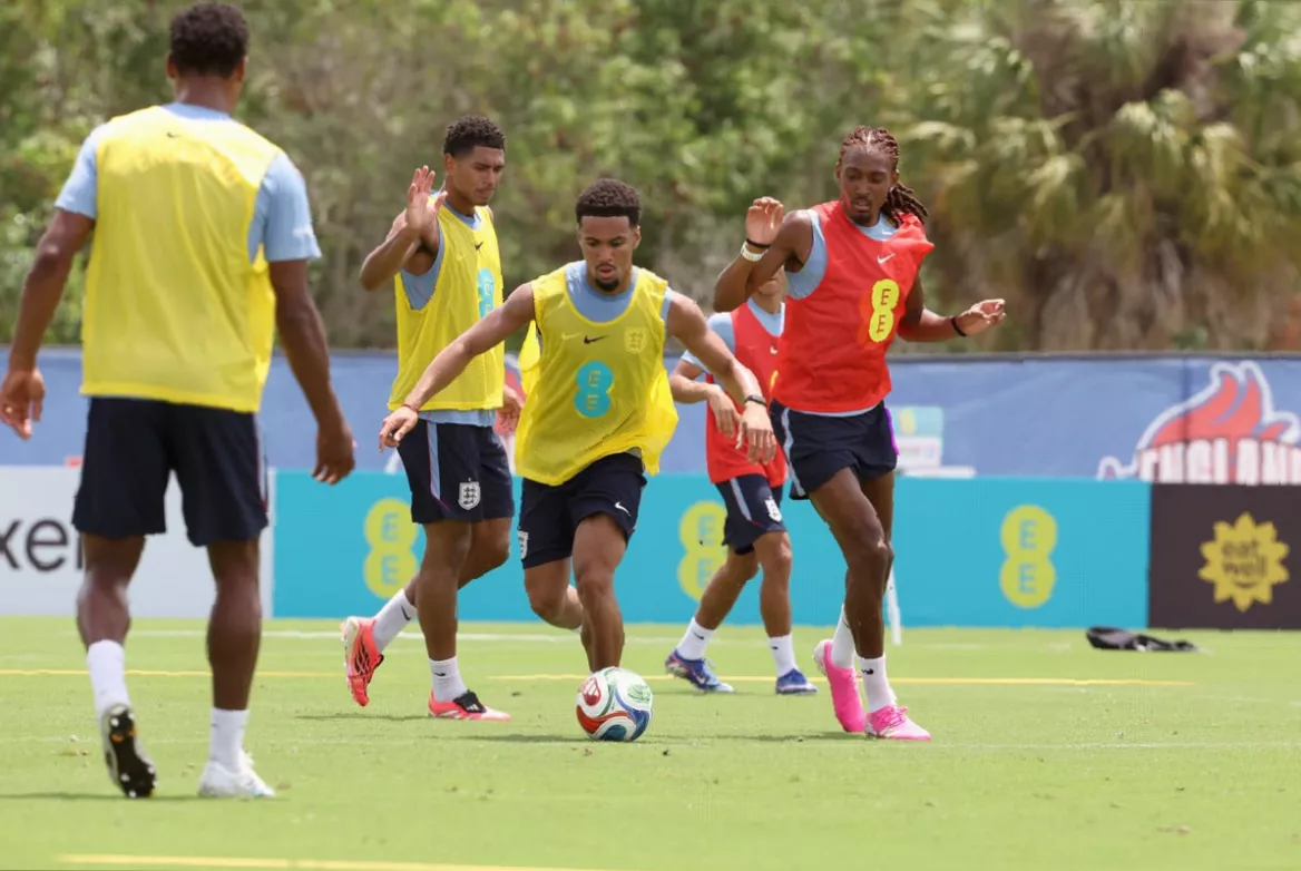 Ivan Toney celebrates a goal during a behind-closed-doors training match in Florida