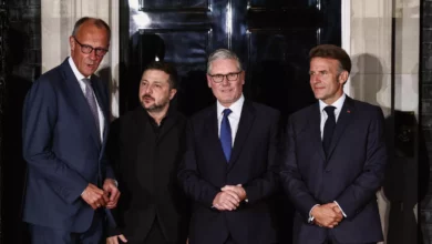 European leaders gathered around a table during a late-night summit at Downing Street in London.