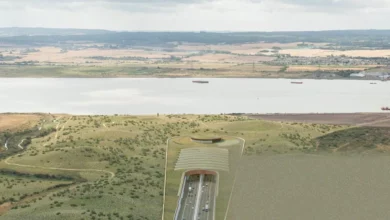 Construction machinery at the Lower Thames Crossing site near the Thames estuary