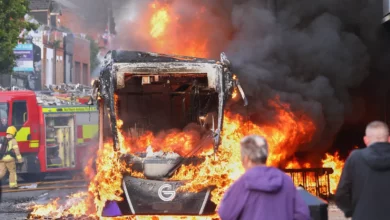 A smoke-damaged terraced house in Belfast after a racist arson attack