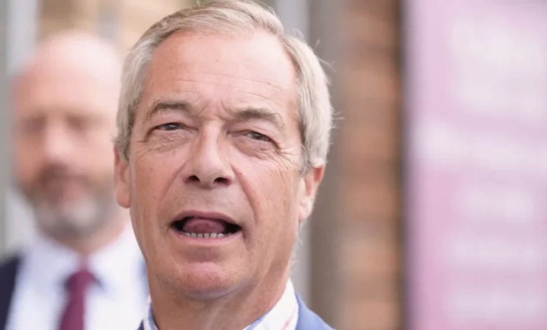 Nigel Farage speaking at a podium after the Makerfield by-election result