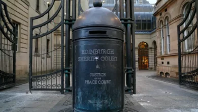 Court building exterior where former MSP appeared for drink-driving hearing