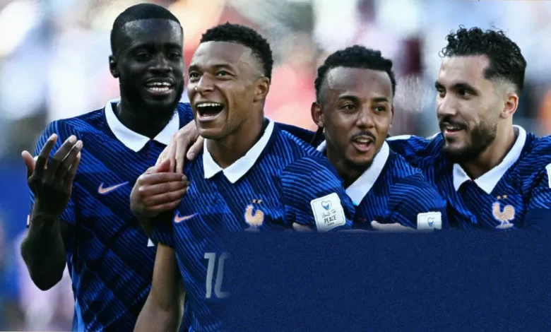 French players celebrating a goal during a World Cup match against Senegal