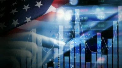 A digital display showing rising stock market indices and fund inflow figures