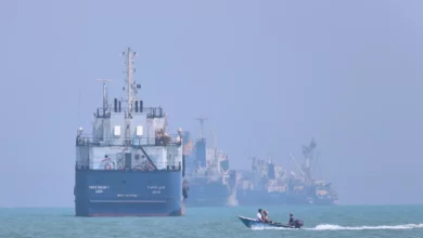 Cargo ship navigating the Strait of Hormuz under overcast skies