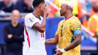 England and Ghana players clash during a World Cup group match in Boston.