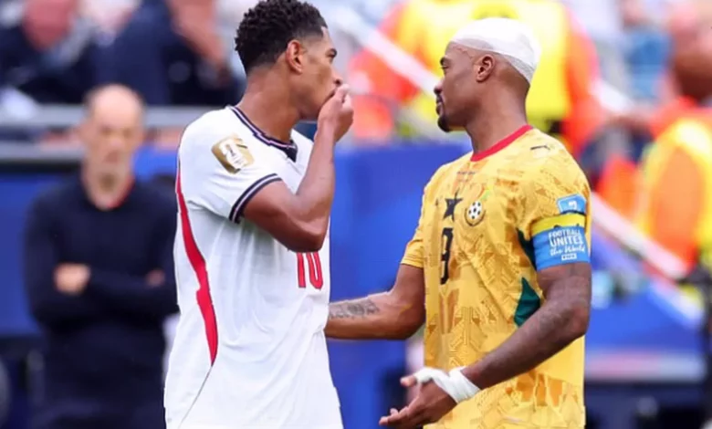 England and Ghana players clash during a World Cup group match in Boston.