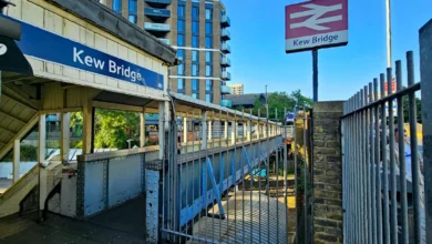 Kew Bridge station entrance with stairs leading up from the platform to the road