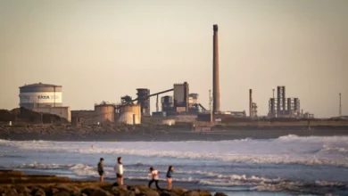 Wide view of the Port Talbot steelworks with blast furnaces in the background