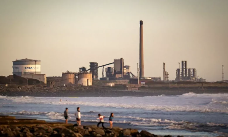 Wide view of the Port Talbot steelworks with blast furnaces in the background