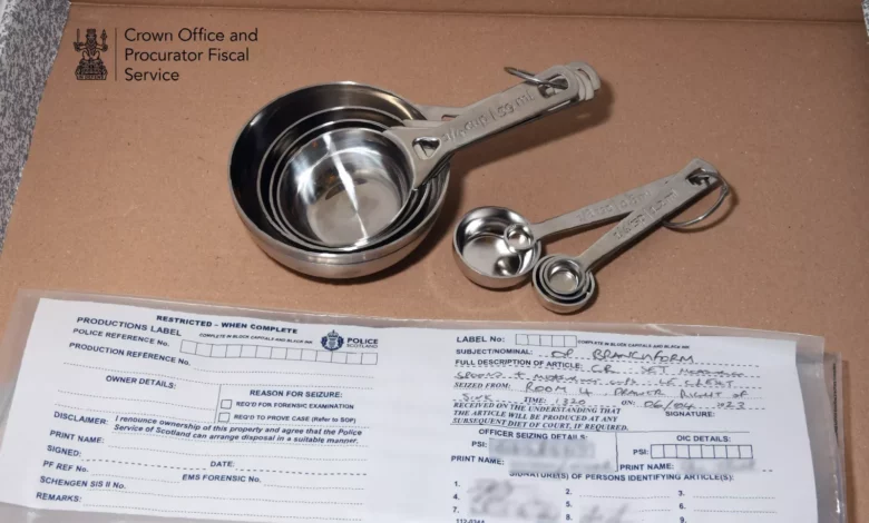 Police evidence photos of Le Creuset cookware items purchased with embezzled SNP funds