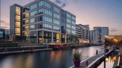 Exterior of Livingstone House office building at Leeds Dock, now vacant