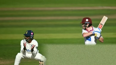Celebration on the pitch at Grace Road after a historic county cricket win