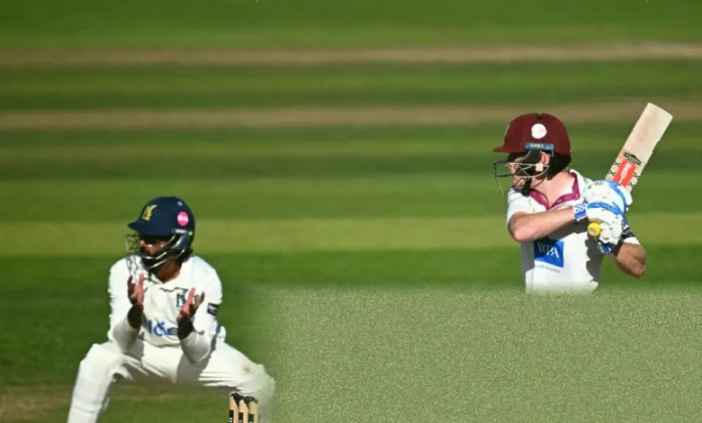 Celebration on the pitch at Grace Road after a historic county cricket win