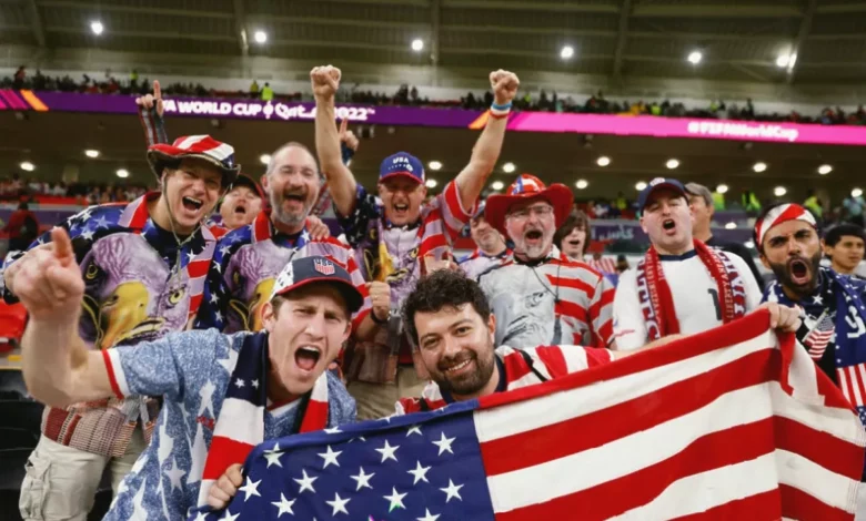 Crowded stadium stands filled with football fans during a World Cup match
