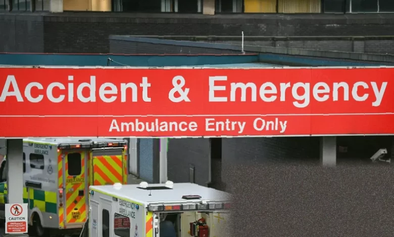 Hospital emergency department waiting room with patients seated under fluorescent lights