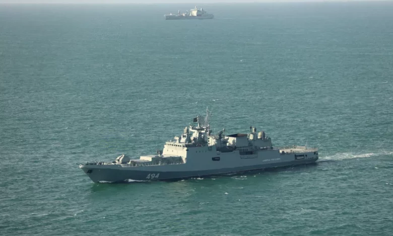 Russian frigate in foggy conditions near the Isle of Wight in the English Channel