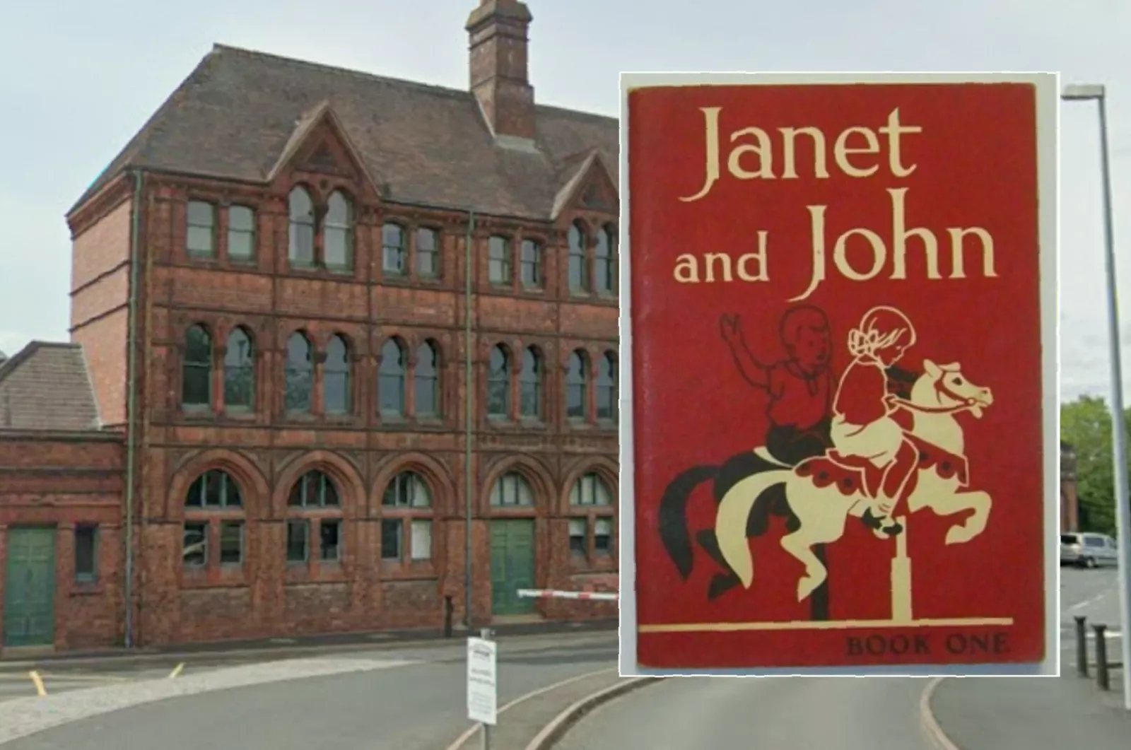 Open Janet and John book displayed alongside a museum content warning notice