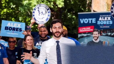 Manhattan street scene near a campaign office for the NY-12 Democratic primary