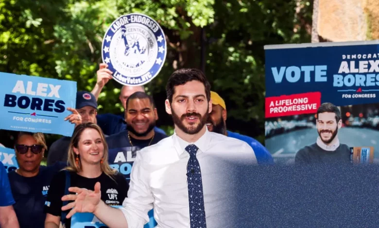 Manhattan street scene near a campaign office for the NY-12 Democratic primary