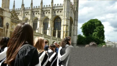 UK university campus with students walking between modern buildings