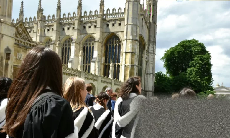 UK university campus with students walking between modern buildings