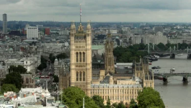 Scaffolding and crumbling stonework on the exterior of the Palace of Westminster