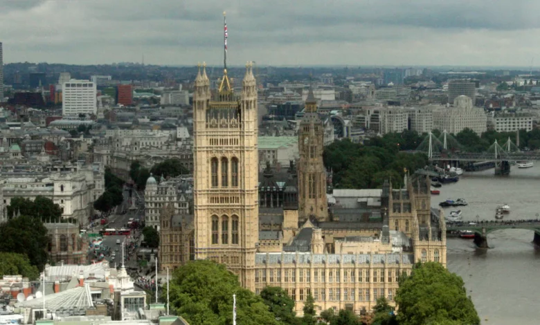 Scaffolding and crumbling stonework on the exterior of the Palace of Westminster