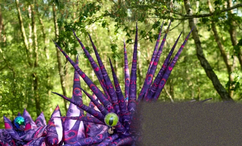 Purple puppet with tubular nose moves through bracken in Ashdown Forest