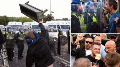 Riot police in Southampton face protesters throwing bins and chairs during a violent demonstration