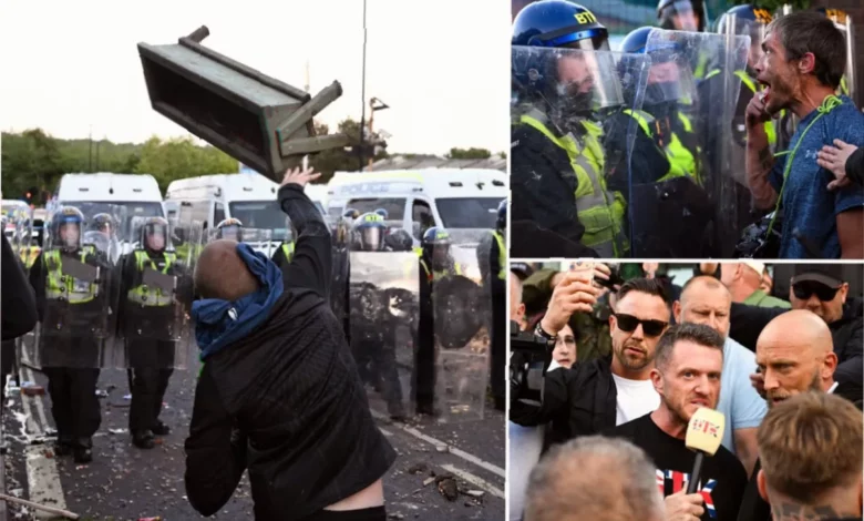 Riot police in Southampton face protesters throwing bins and chairs during a violent demonstration