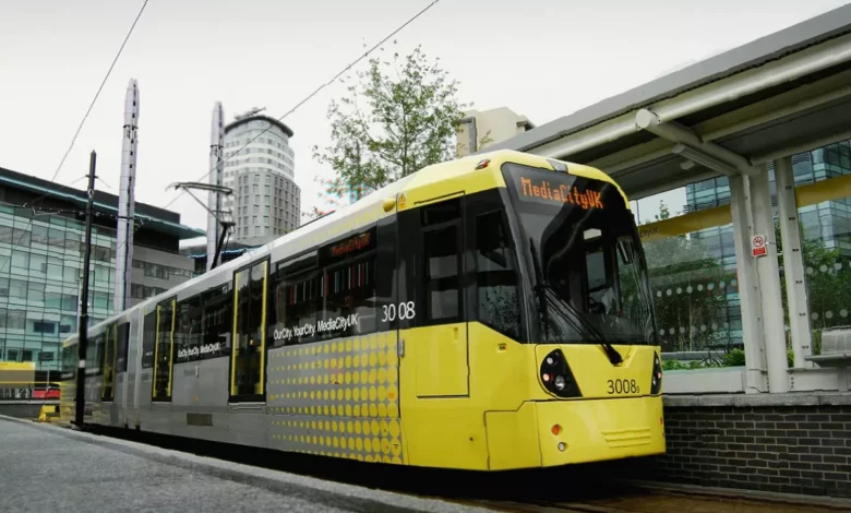 Artist's impression of a Metrolink tram passing Salford Crescent university campus