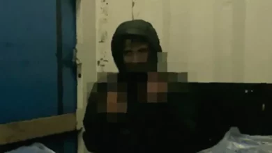 Three men hiding among packages in a lorry trailer, filmed on a mobile phone at night.
