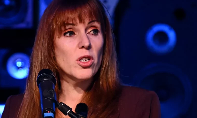 Angela Rayner speaking at a podium during the Unison national conference