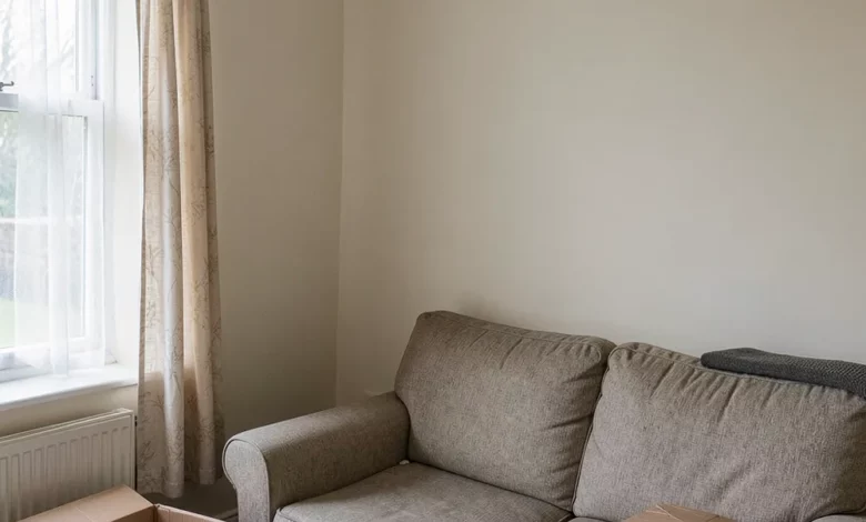 Interior of a modest British rented flat with a sofa and partly unpacked moving boxes by a window
