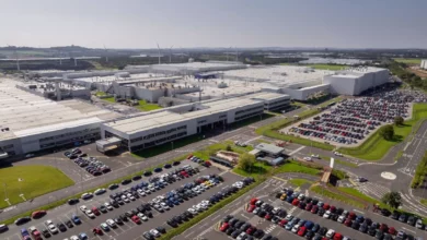 Exterior of Nissan’s Sunderland car manufacturing plant on a cloudy day