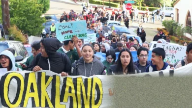 Protesters gather outside the Port of Oakland terminal site