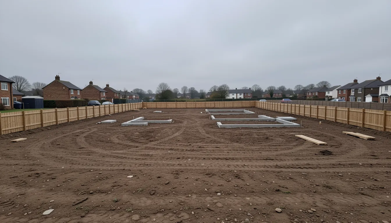 An early-stage housing development site in England with bare earth and foundations but no construction activity