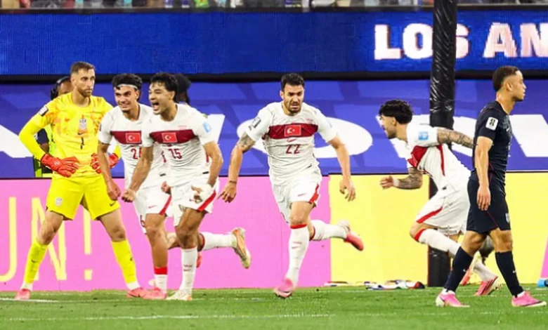 Football stadium in Los Angeles with players celebrating a stoppage-time goal