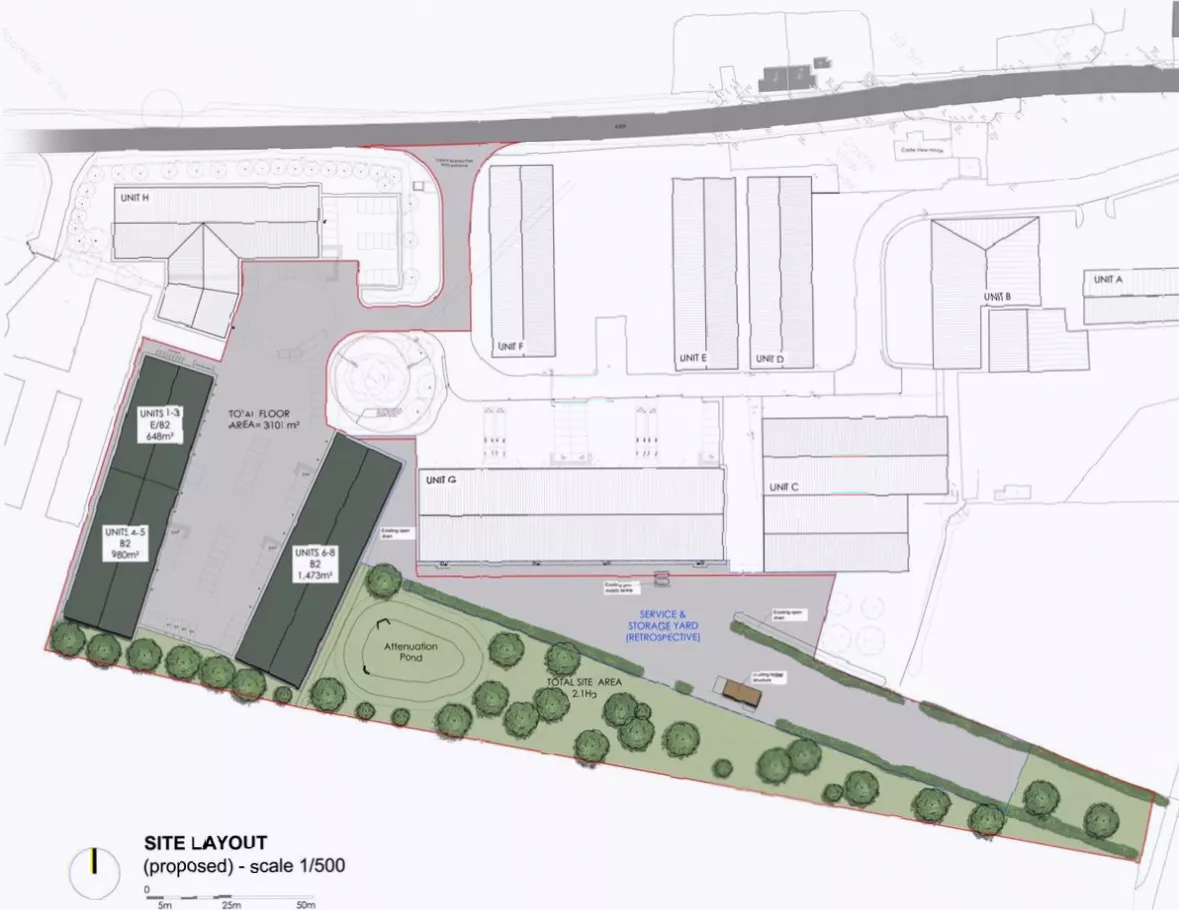 Aerial view of Cadbury Business Park showing existing industrial units and parking
